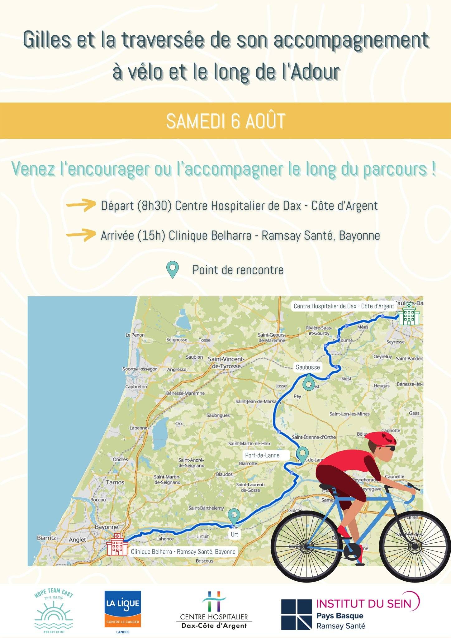 Gilles et la traversée de son accompagnement à vélo et le long de l’Adour